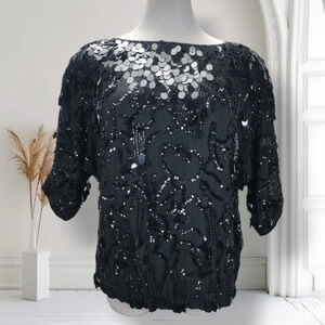 Vintage 80s Oleg Cassini Black Sequin Silk Top L Dolman Sleeve Beaded Blouse